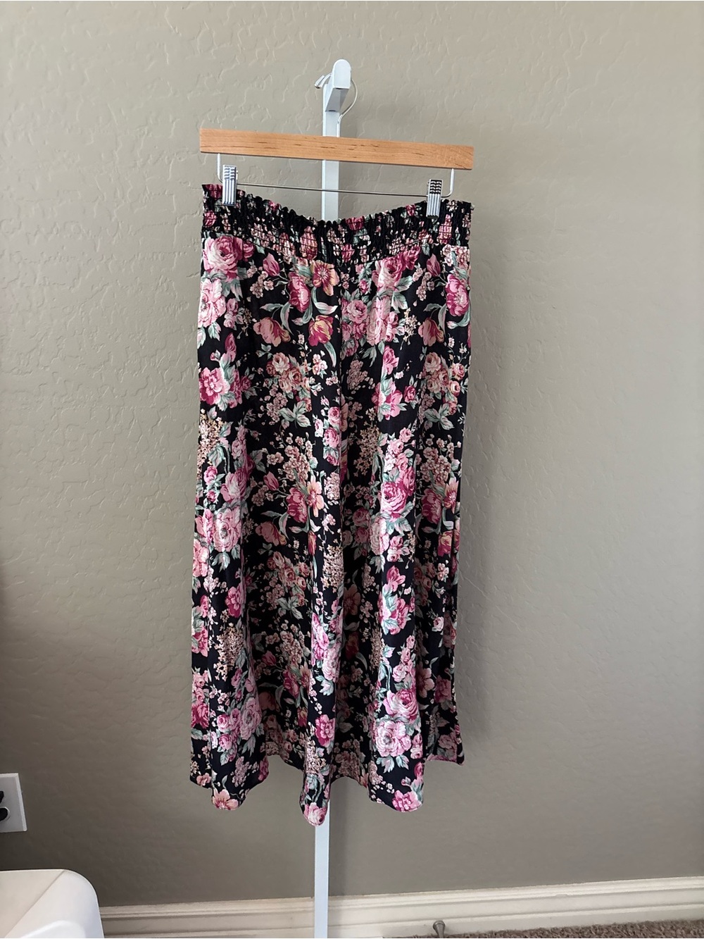 Vintage Maxi Skirt | Black Floral Midi Skirt with Pink Rose Print